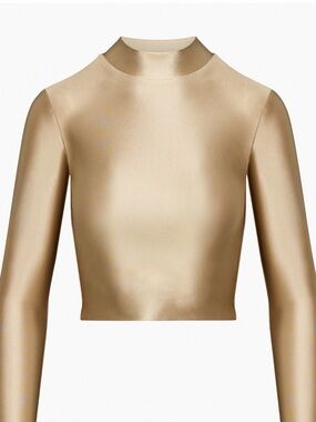 Aritzia Babaton Metallic Gold MockNeck Long Sleeve Satinette Top Med Oxford tan